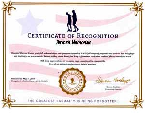 bronze memorials wounded warrior certificate